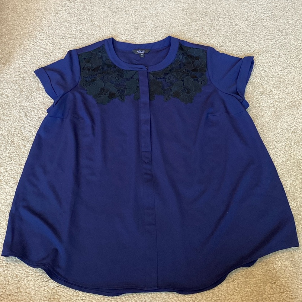 Navy Simply Vera Half Button Down Blouse with Black Lace